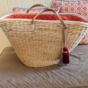 India Hicks Cream Woven Tote with Tassel